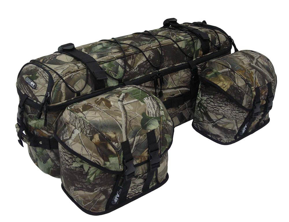 Durable polyester camo fabric ATV cargo gear bag, spacious compartment with 2 detachable bags, high quality bags and luggage.